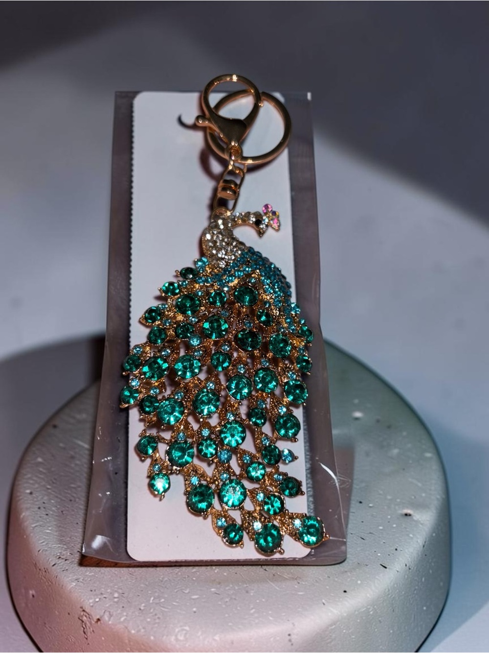 Rhinestone Peacock Keychain Bag Charm Teal Crystal Gold Tone Purse Charm